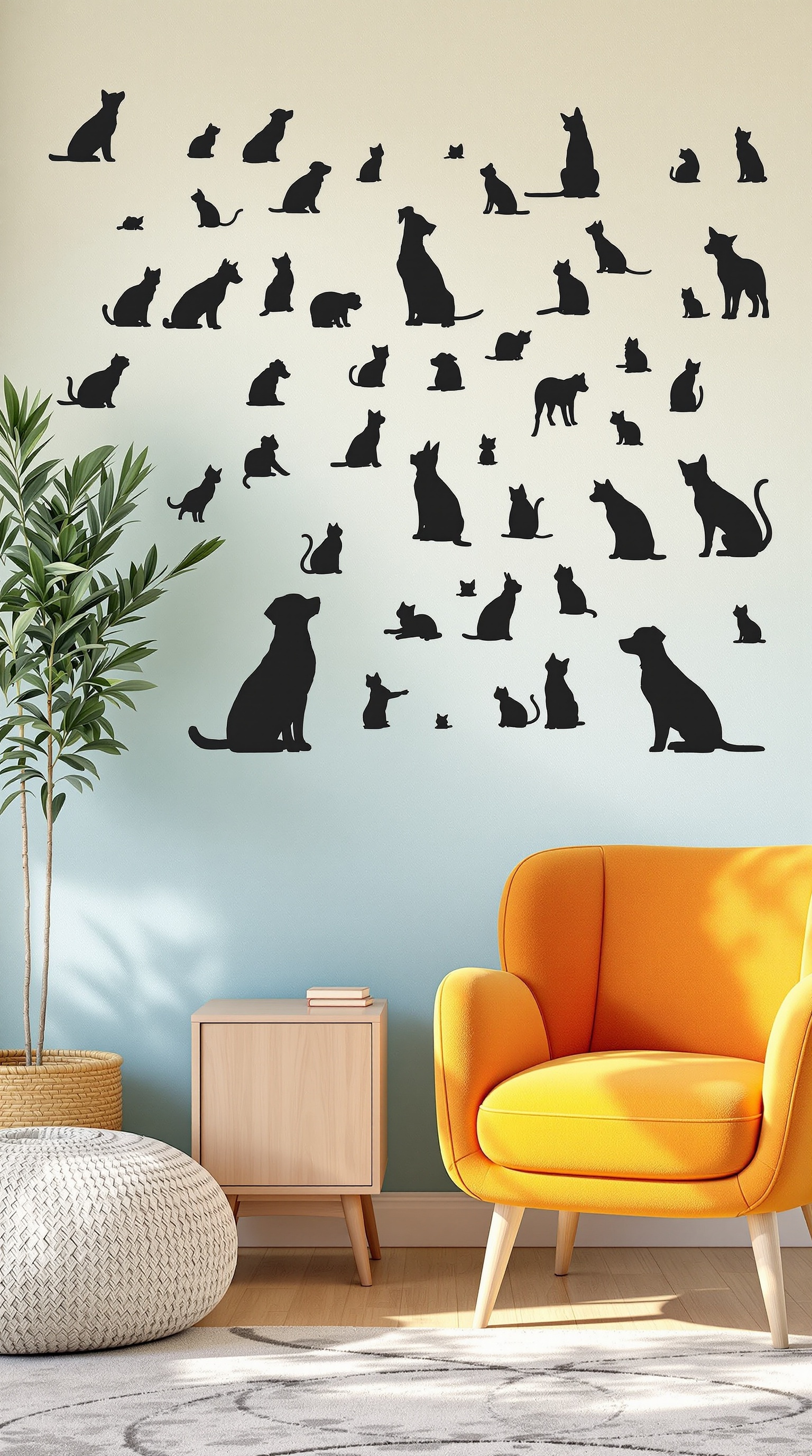 A wall decorated with black silhouettes of various cats and dogs, showcasing a playful pet family theme.