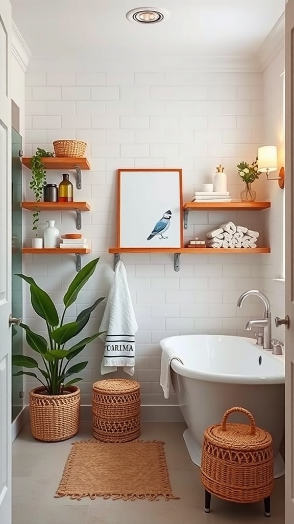 A bright bathroom with wooden shelves displaying plants and towels, featuring a bathtub and woven baskets.