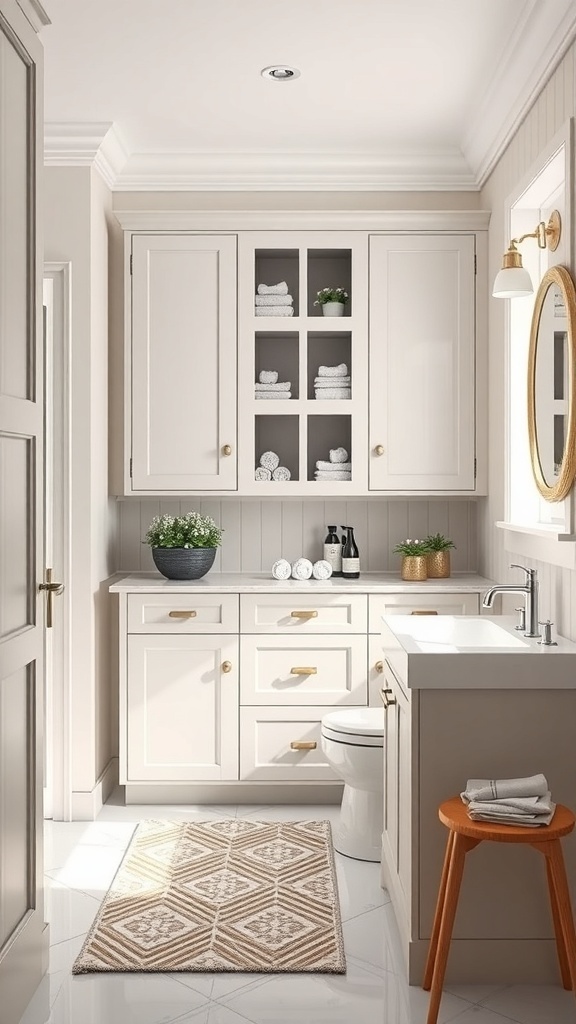 Customizable bathroom cabinet system with light cabinetry and gold hardware.