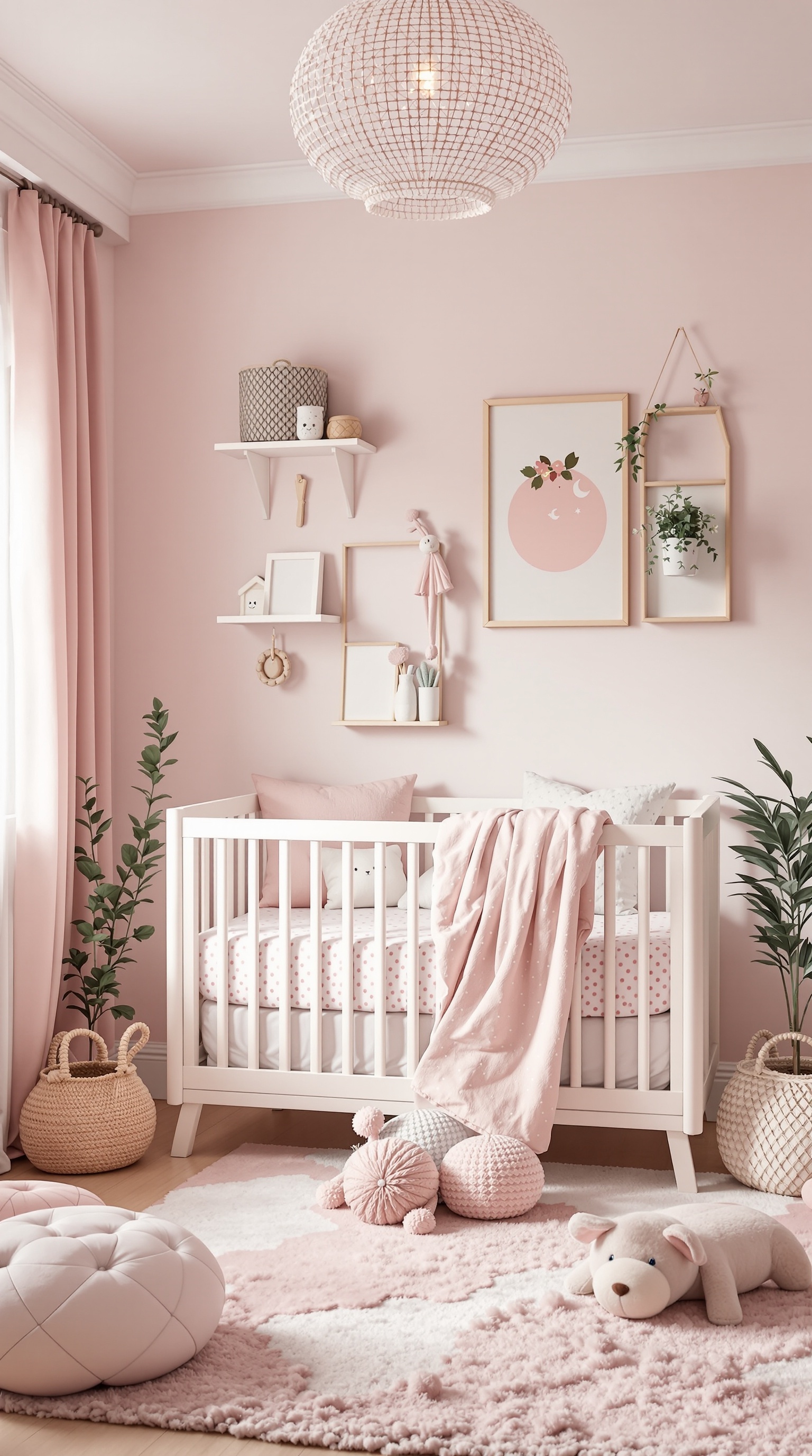 A cozy baby girl's bedroom featuring soft pink walls, a white crib, and playful decor.