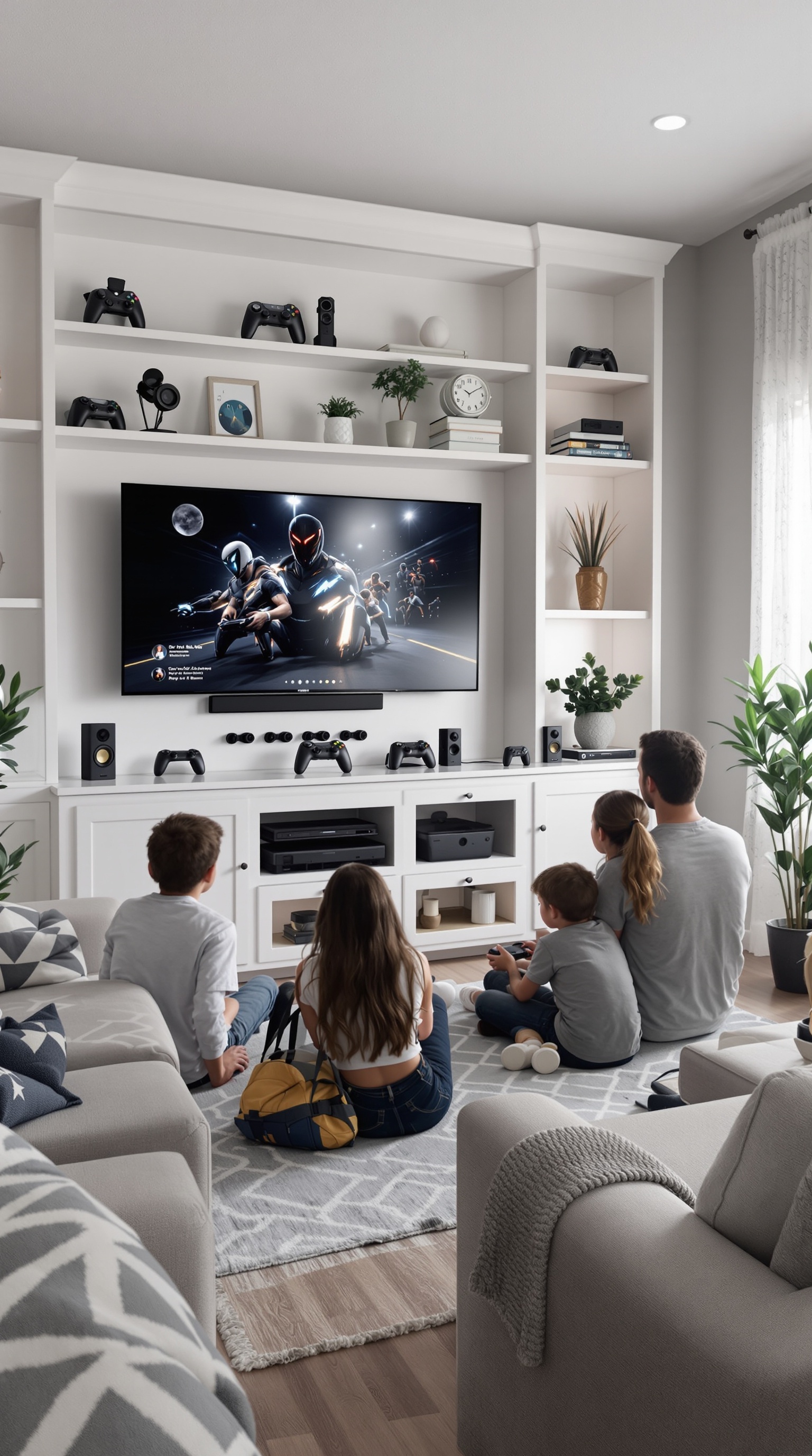 A family enjoying gaming together in a cozy living room with a large TV and organized gaming accessories.
