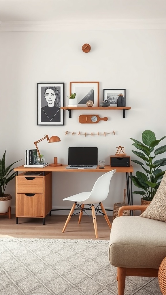 A stylish small desk setup featuring a wooden desk, minimalist chair, wall shelves with decor, and plants.
