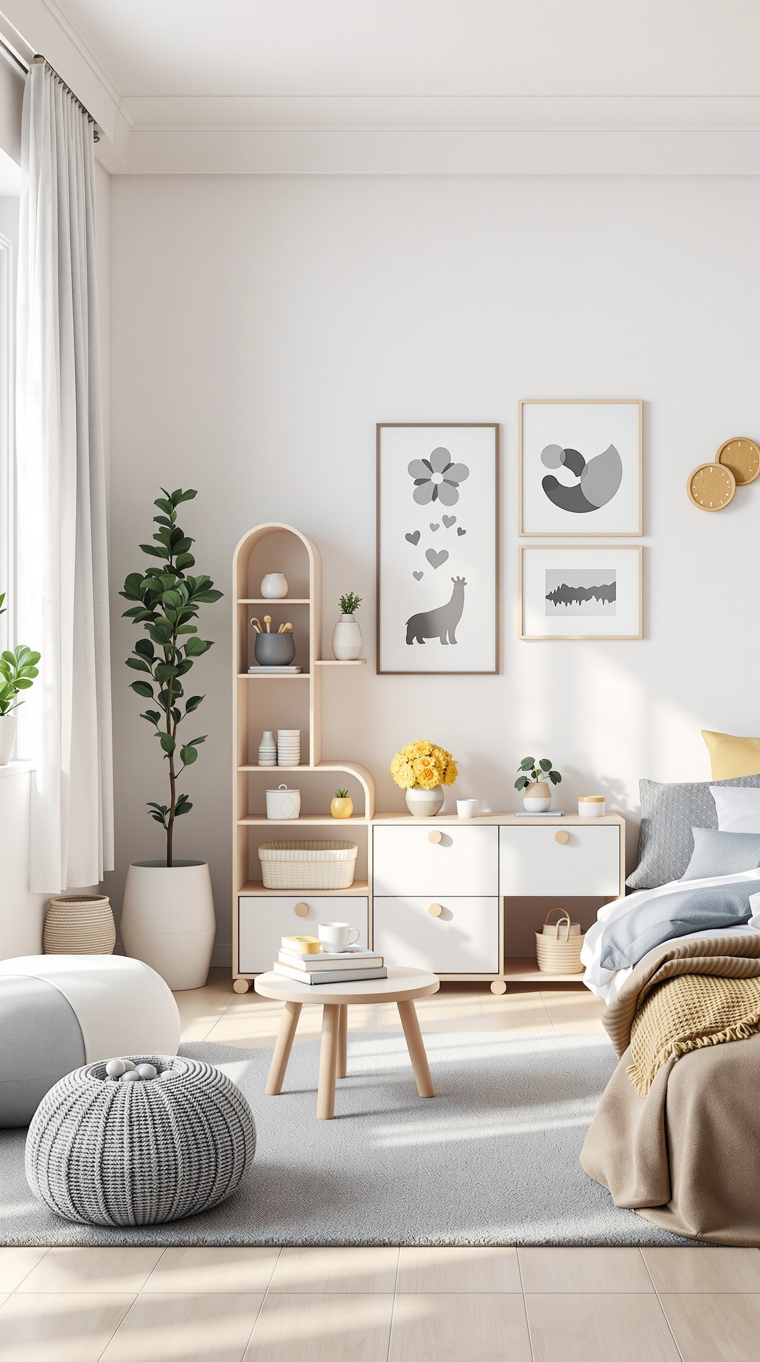 A bright kids bedroom featuring customizable modular furniture, including a shelving unit, round table, and cozy seating.