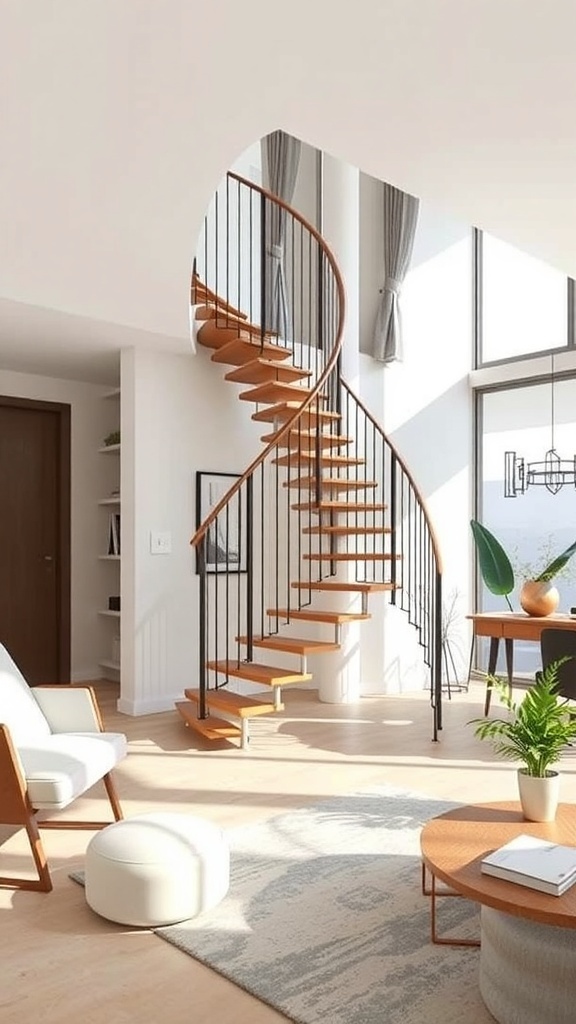 A modern spiral staircase with wooden steps and black railings in a bright, airy room.