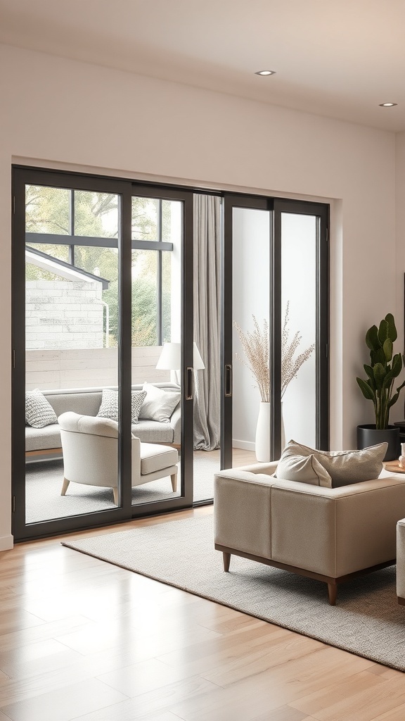A modern living room with sliding glass doors leading to an outdoor space, featuring customizable panel systems.