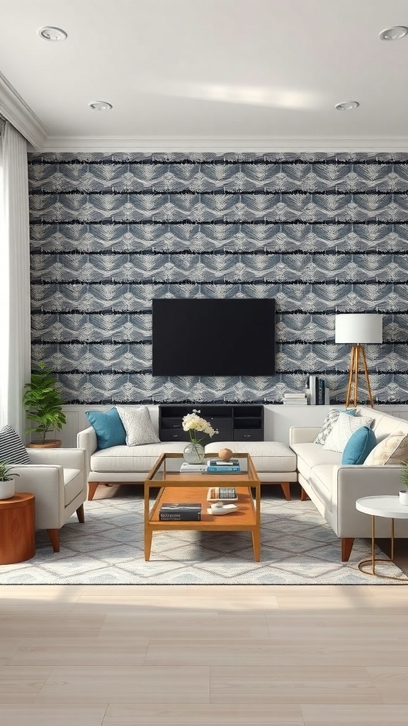 A stylish living room featuring peel-and-stick wallpaper with a wave pattern in blue and white.