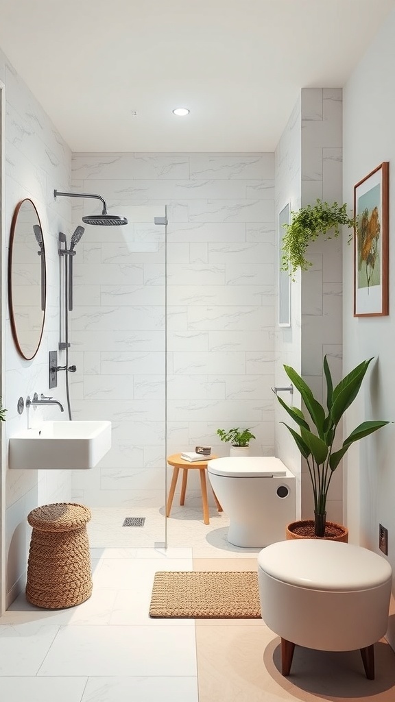 Modern small bathroom with customizable shower panels, featuring a transparent glass shower and stylish decor.
