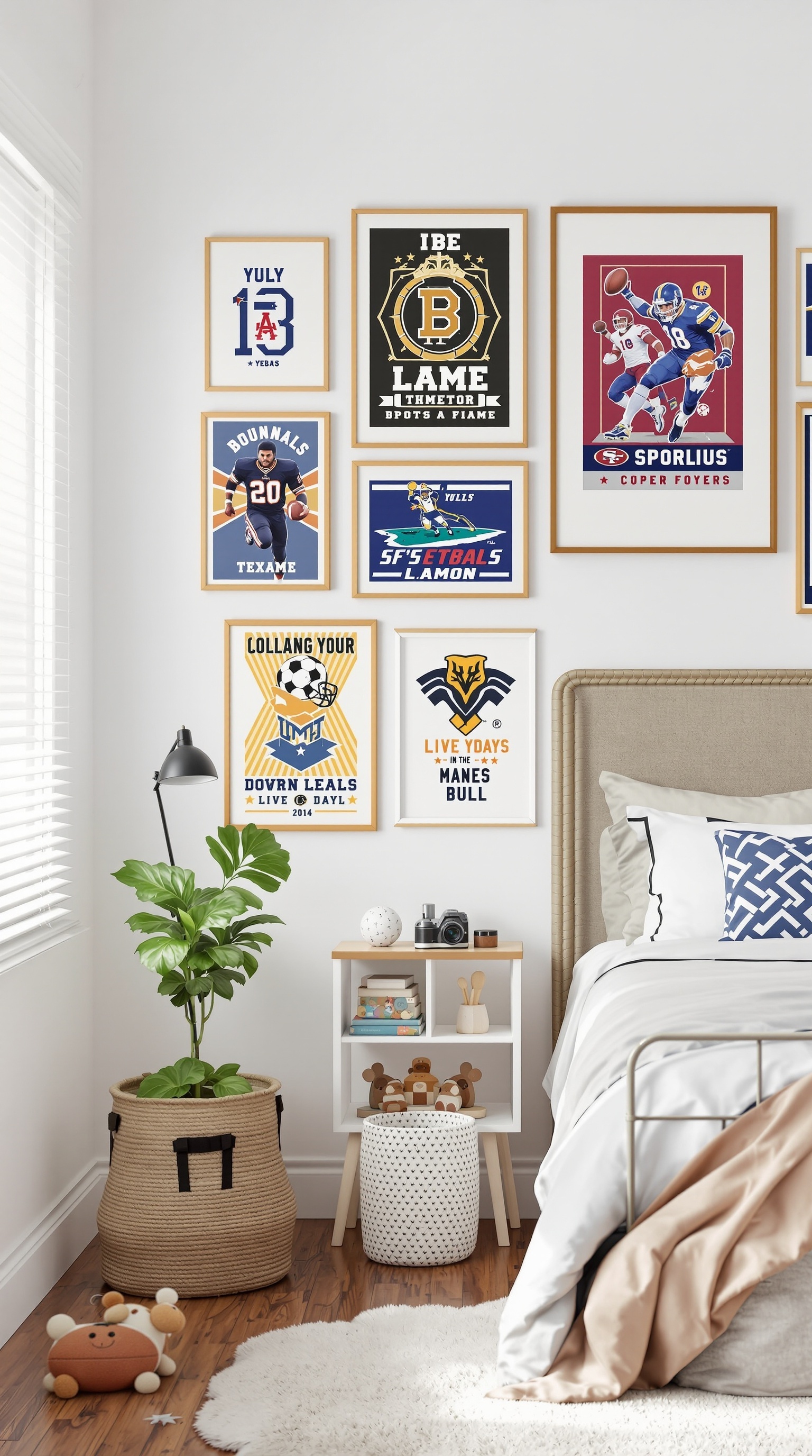 A collection of customizable sports team posters on a bedroom wall, featuring various sports themes and vibrant designs.