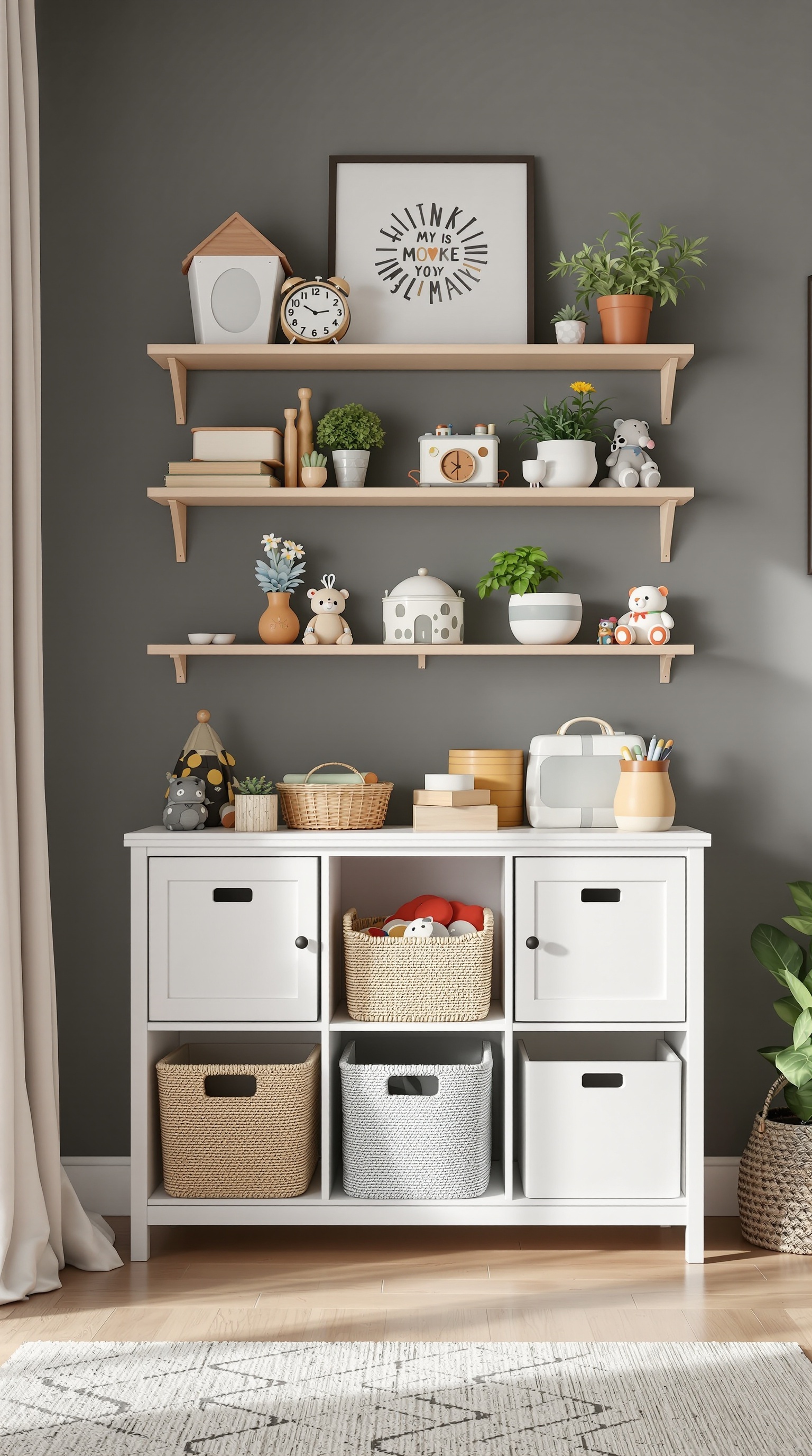 Stylish shelving unit with decorative items and storage baskets for outdoor toy organization.