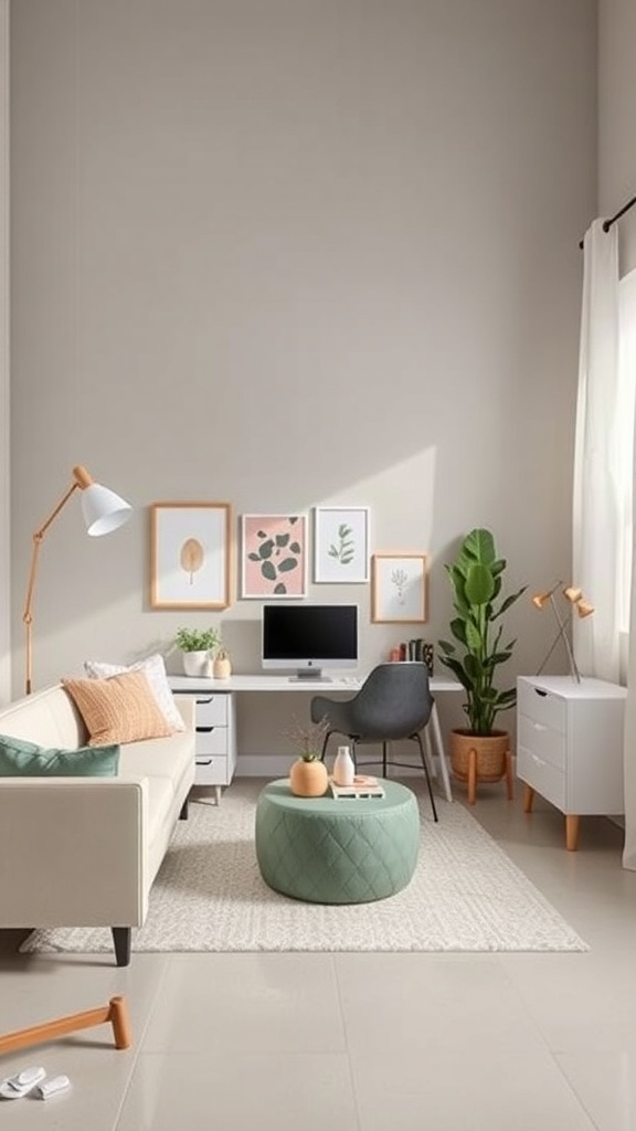 A stylish room with modern furniture, wall art, and a cozy atmosphere.