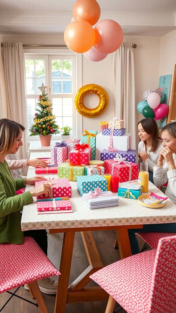 A group of friends wrapping gifts at a table decorated for a birthday celebration.