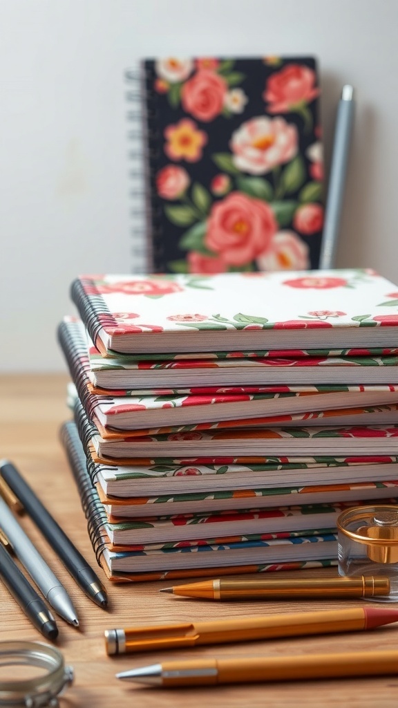 Stack of customized floral notebooks with pens on a wooden table.