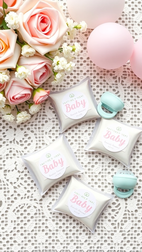 Customized scented sachets for a baby shower, surrounded by flowers and balloons.