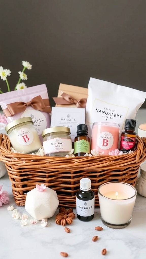 Customized spa gift basket with candles, oils, and bath products