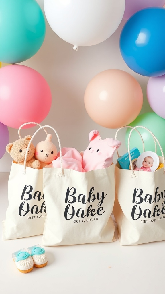 Customized tote bags filled with plush toys and baby items, surrounded by colorful balloons.