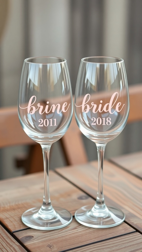 Two customized wine glasses labeled 'brine' and 'bride' with years 2011 and 2018.