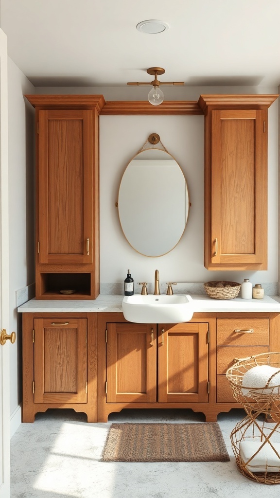Rustic wooden bathroom cabinets with a sink and mirror