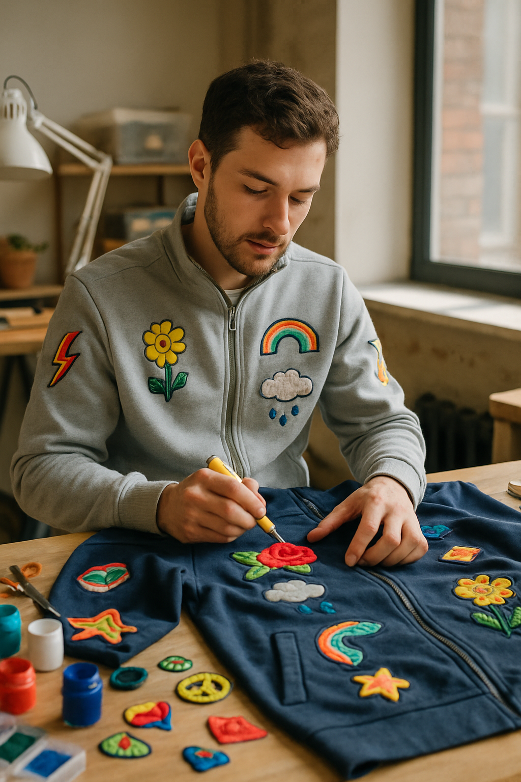 A man customizing a navy track suit with colorful patches and fabric paint.