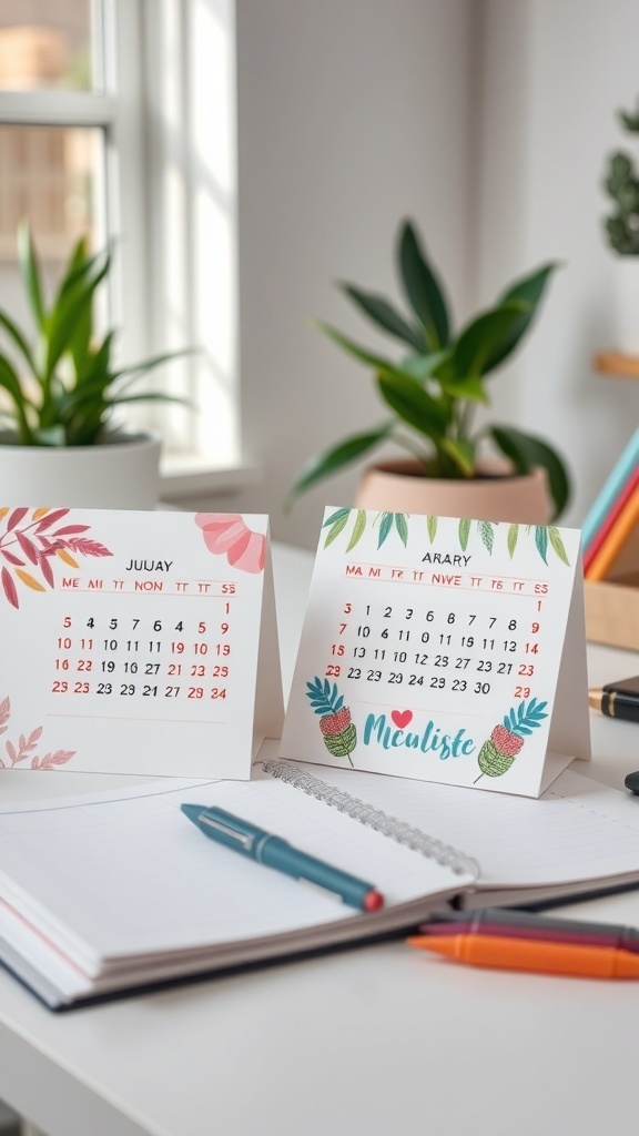 Two cute desk calendars with floral designs, a notebook, and pens on a desk.