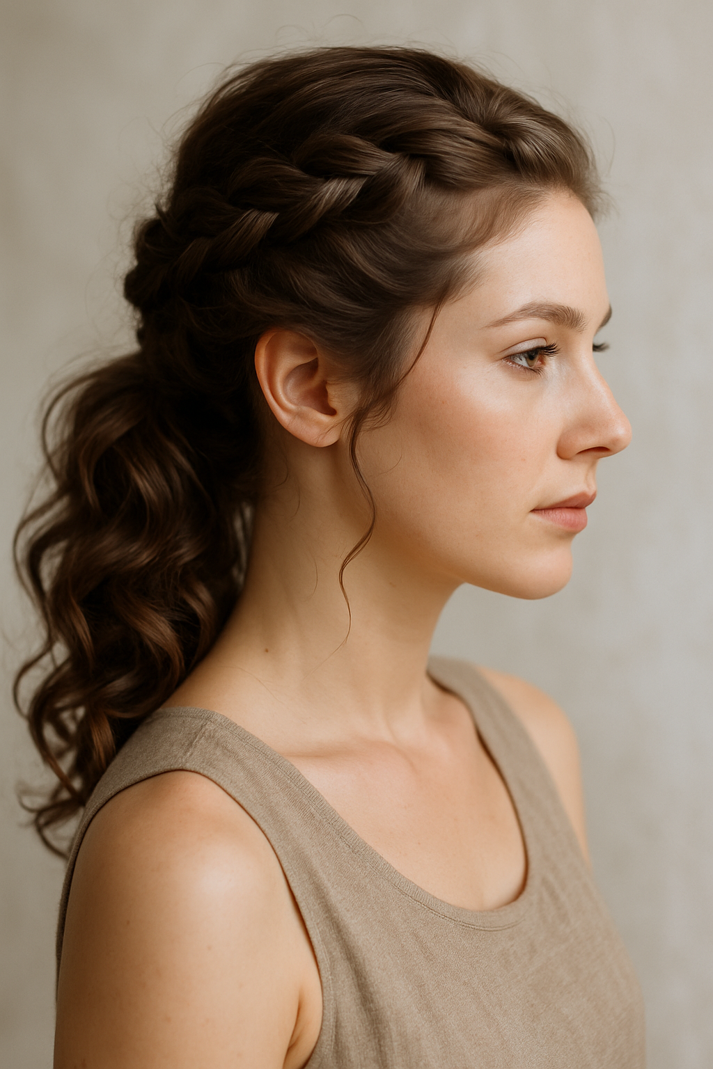 A side profile of a woman with double braids styled elegantly.