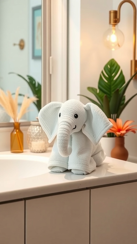 A cute towel folded into the shape of an elephant, sitting on a bathroom counter.
