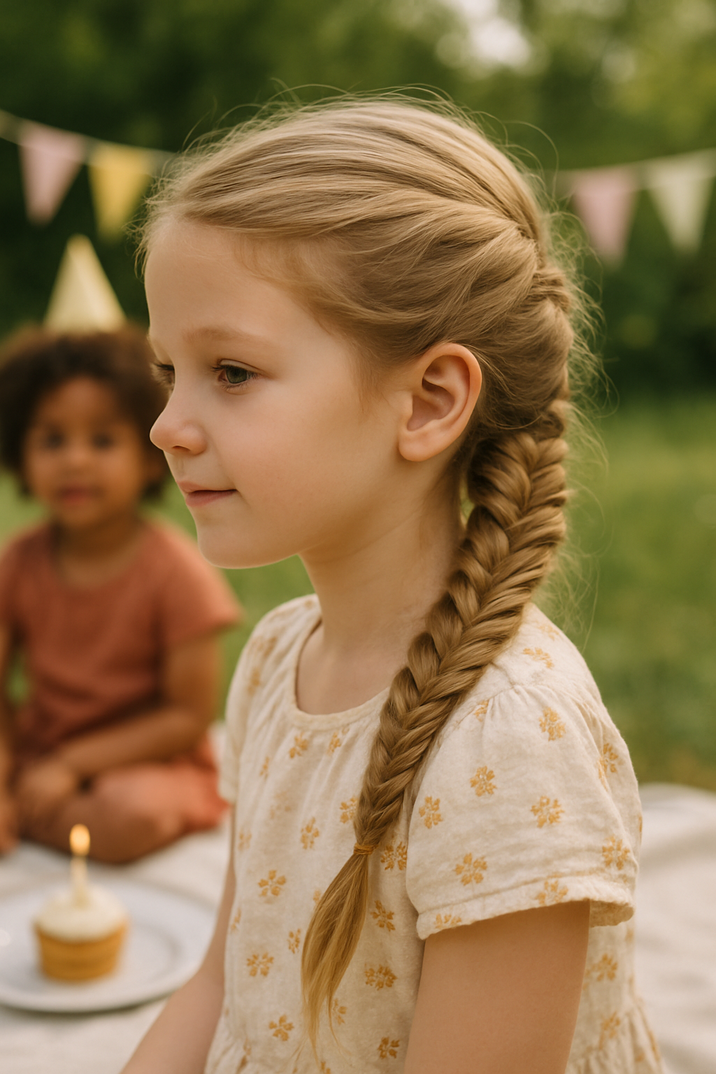 A young girl with a cute fishtail braid, celebrating her birthday outdoors.