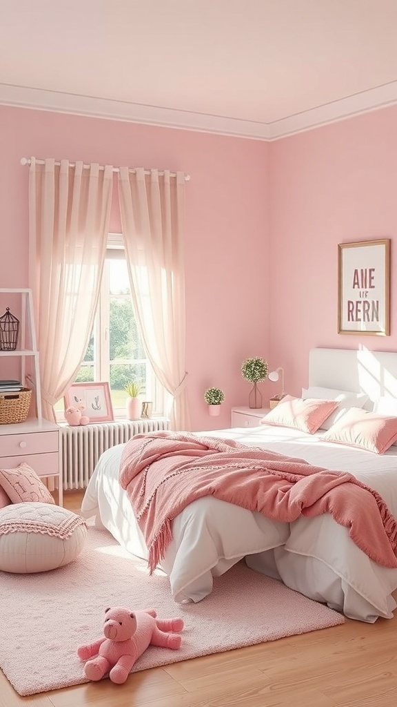A cute pink girls bedroom with soft pink walls, cozy bedding, and charming accessories.