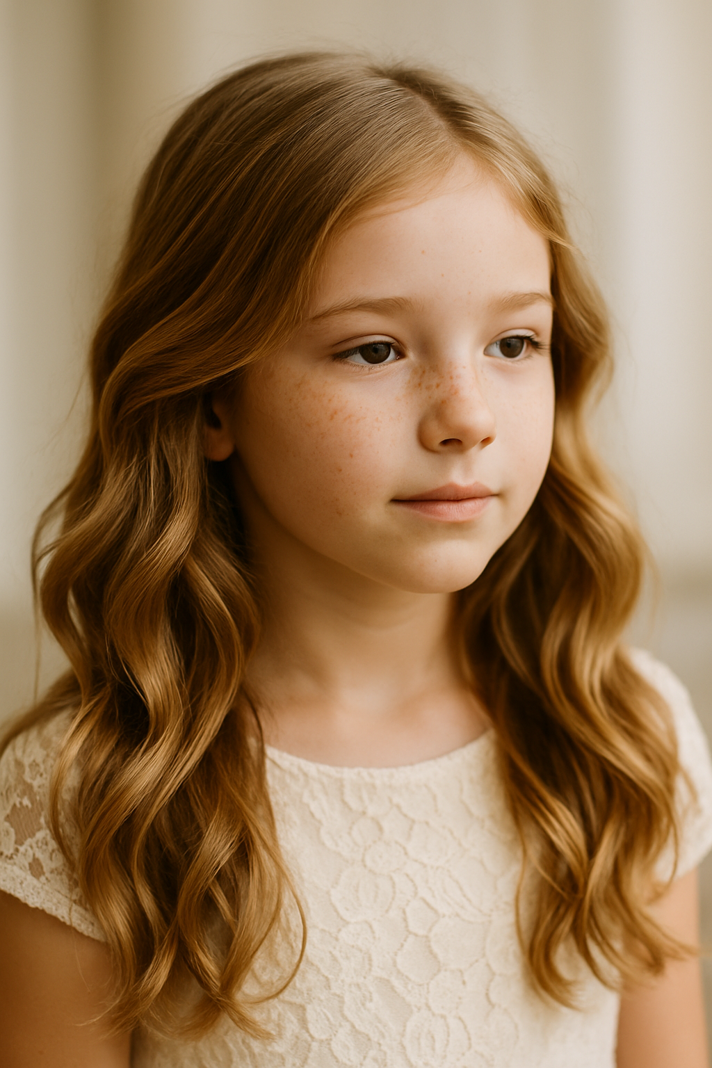 A young girl with wavy hair, looking thoughtful, wearing a light-colored dress.