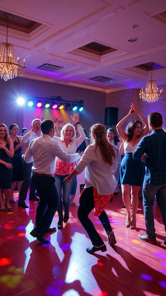 A lively wedding reception dance floor with guests enjoying a dance-off challenge.