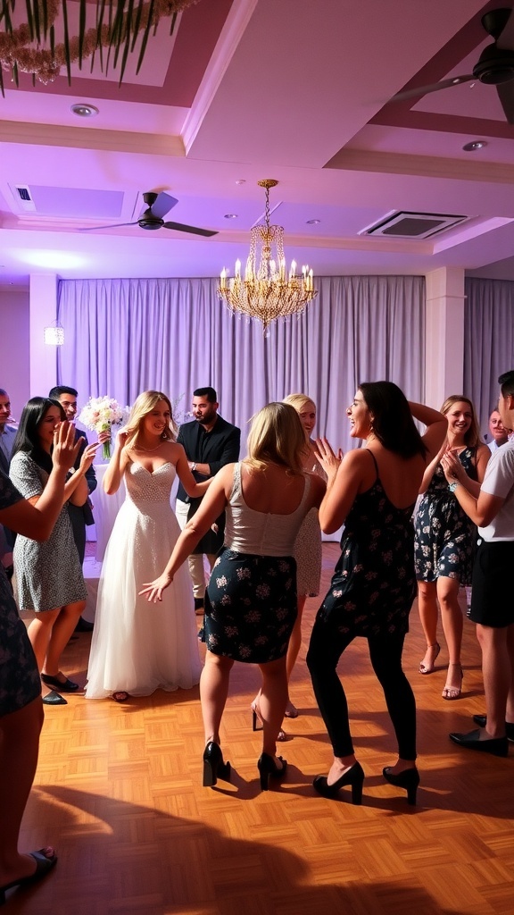 A lively dance-off at a bridal shower with the bride and friends enjoying the moment.