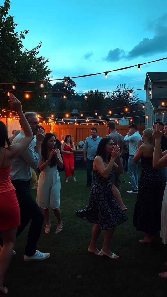 People participating in a dance-off contest at a backyard wedding.