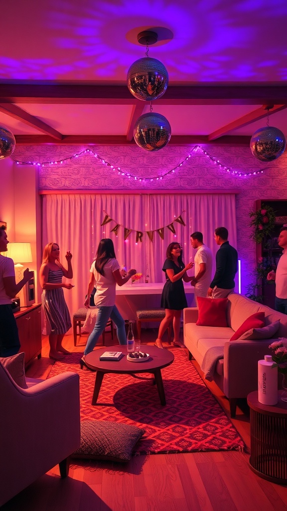 A lively indoor dance party with colorful lights and friends enjoying music together.