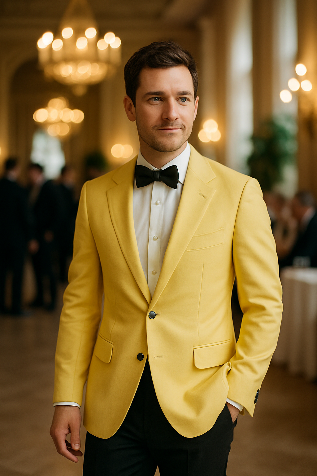 A man in a yellow blazer and black bow tie, standing confidently in an elegant setting.