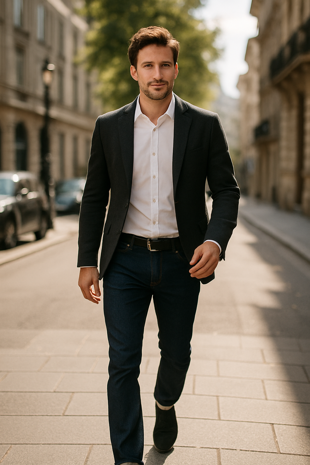 Man walking confidently in tailored jeans, white shirt, and a blazer on a city street.