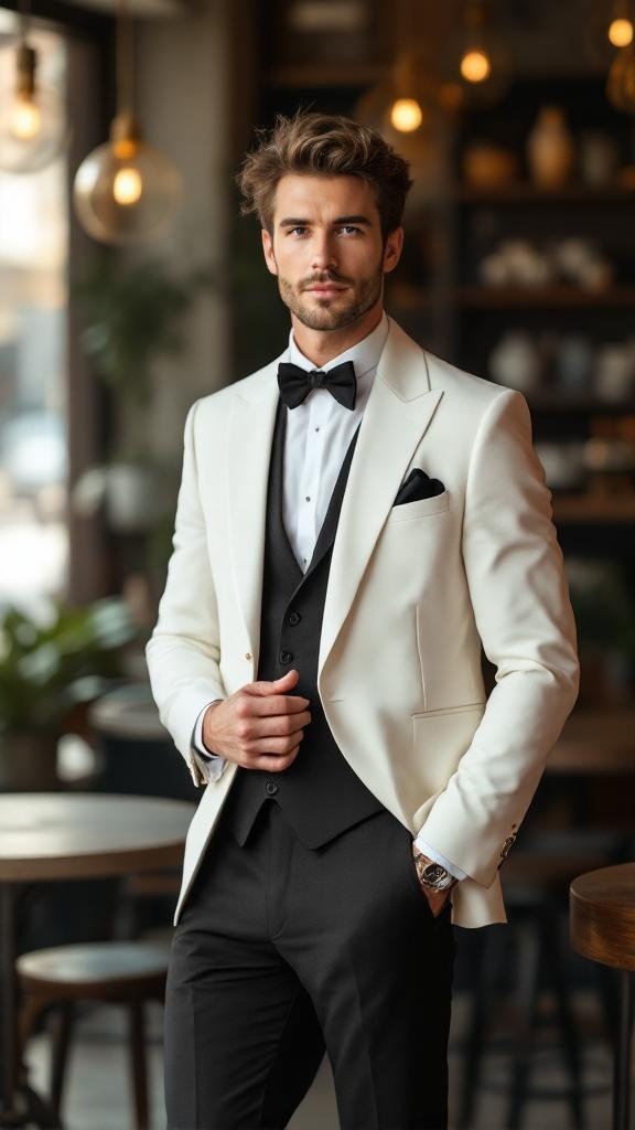 A man in a white blazer and bow tie, looking dapper in a stylish setting.