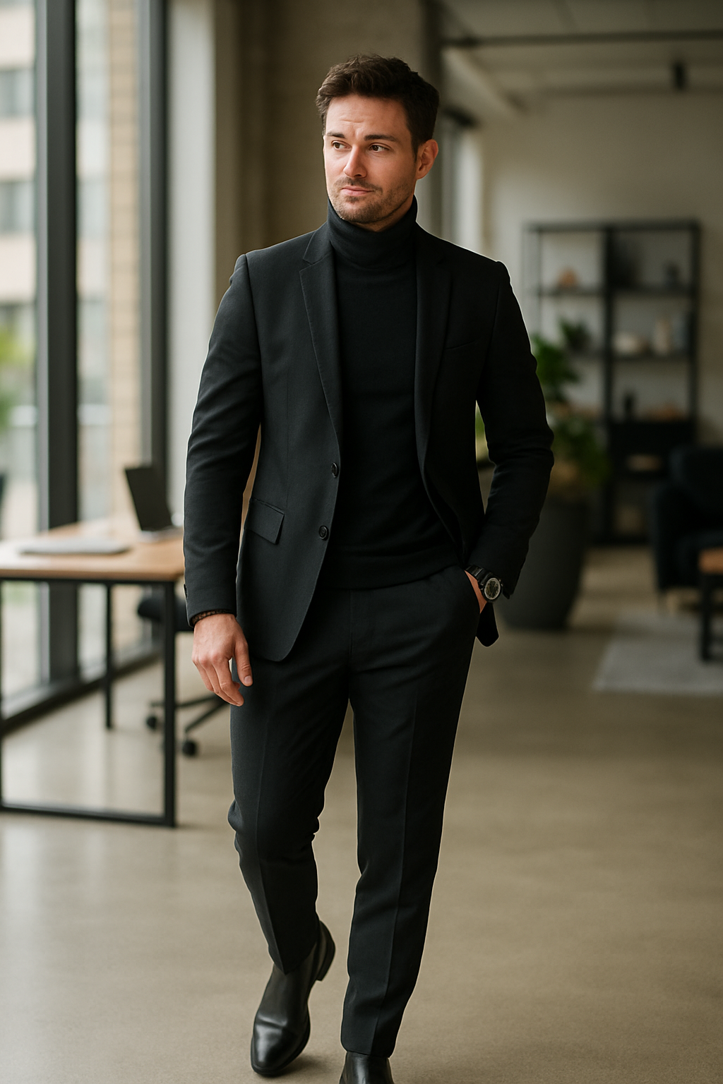 A man in a black suit and turtleneck walking confidently, wearing black Chelsea boots.