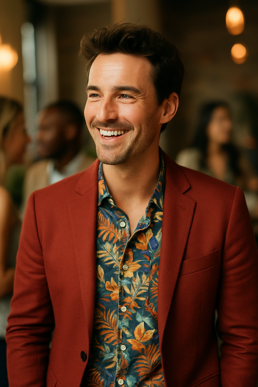 A man wearing a red blazer over a colorful printed shirt, smiling in a social setting.