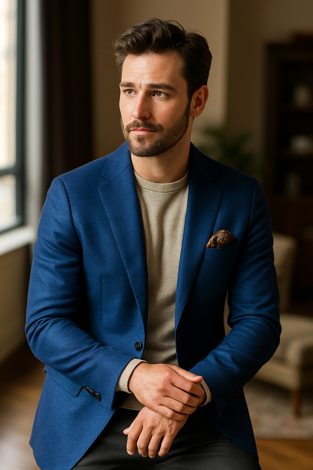 A man wearing a royal blue blazer, beige sweater, and stylish pocket square.