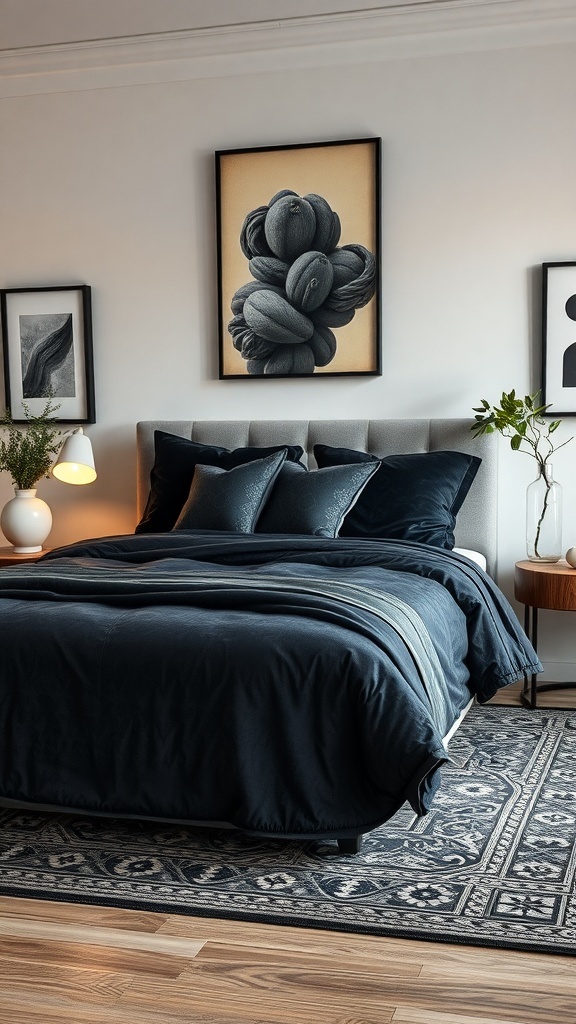 A cozy dark-themed bedroom featuring black bedding, plush pillows, and stylish wall art.