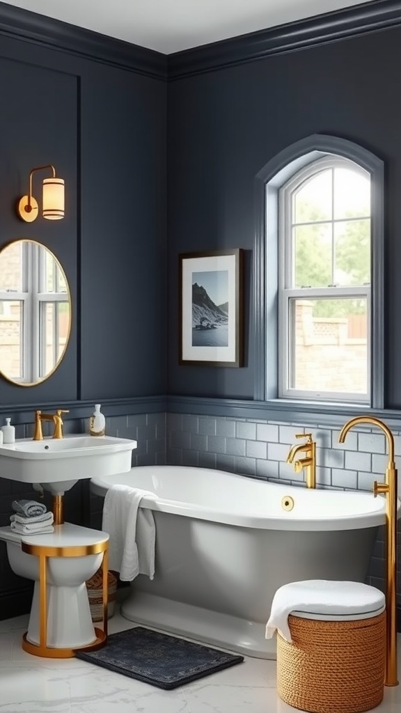 A stylish bathroom featuring dark blue walls and gold fixtures, including a bathtub, sink, and lighting.