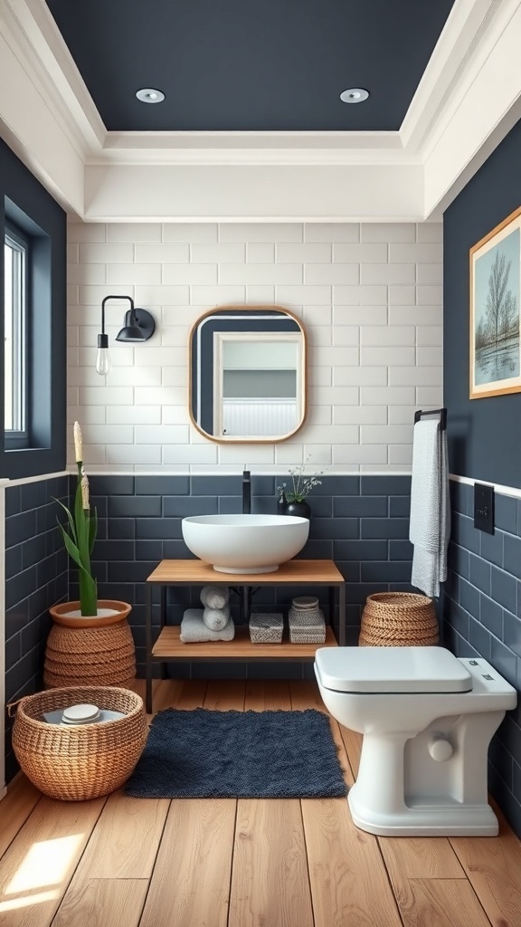 A modern bathroom with dark blue walls and ceiling, wooden accents, and a stylish sink.