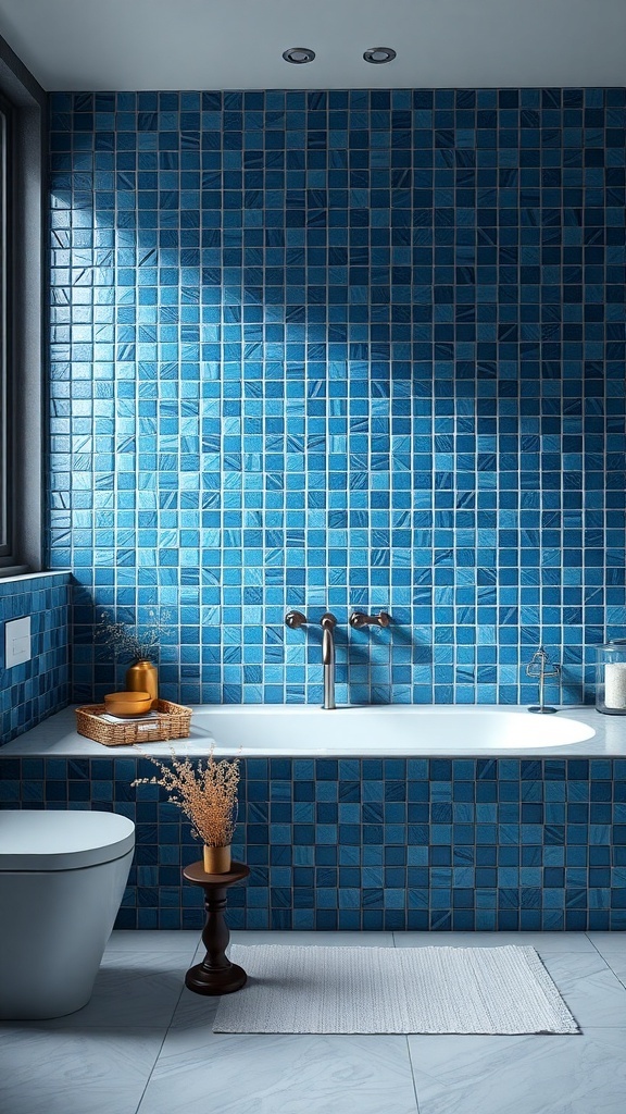 A bathroom featuring dark blue mosaic tiles on the walls, a white bathtub, and minimalistic decor.