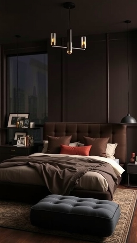 A dark brown bedroom featuring a stylish bed, modern lighting, and cozy decor.