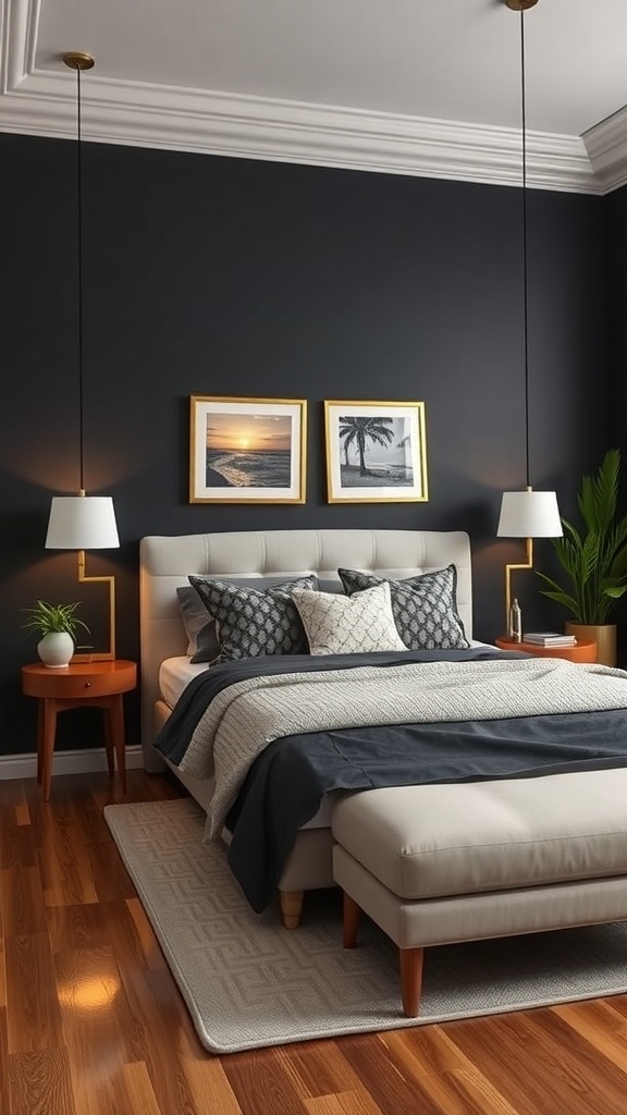 A romantic bedroom with dark walls, a cozy bed, and warm lighting.
