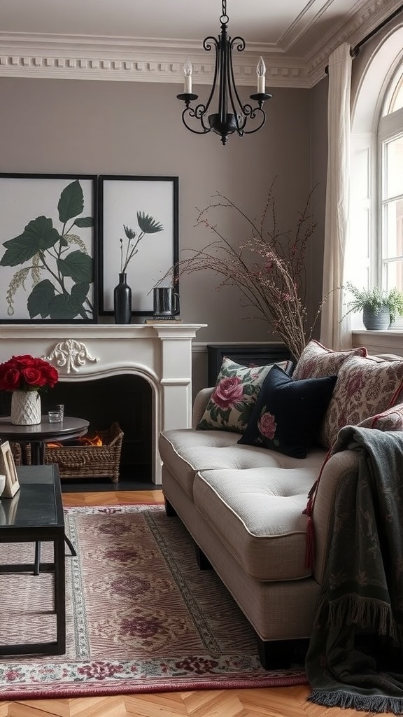 A cozy room featuring dark floral accents with a plush couch, floral artwork, and a warm ambiance.