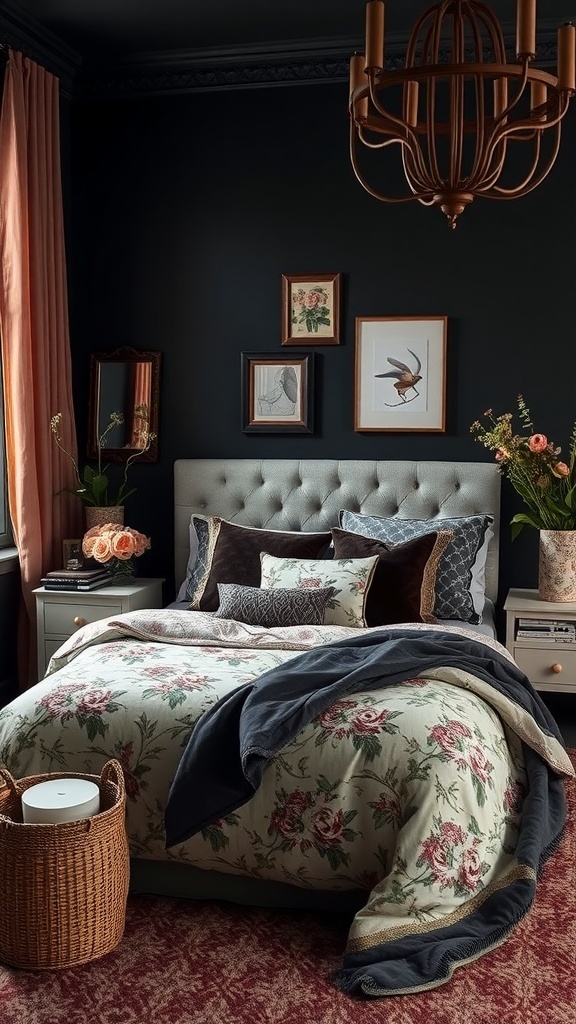 A dark feminine bedroom with floral bedding and dark walls, featuring decorative art and a chandelier.