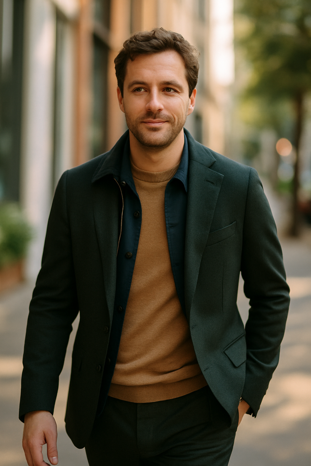 A man wearing a dark green suit with a tan sweater, walking confidently in an urban setting.