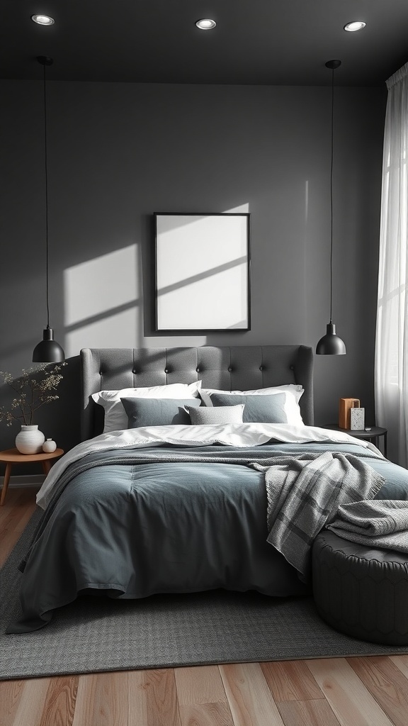 A stylish dark grey bedroom featuring a plush bed with soft bedding, modern lighting, and a cozy atmosphere.