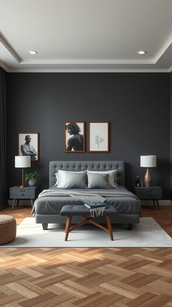 A stylish dark grey bedroom featuring a grey upholstered bed, wooden flooring, and decorative art on the walls.