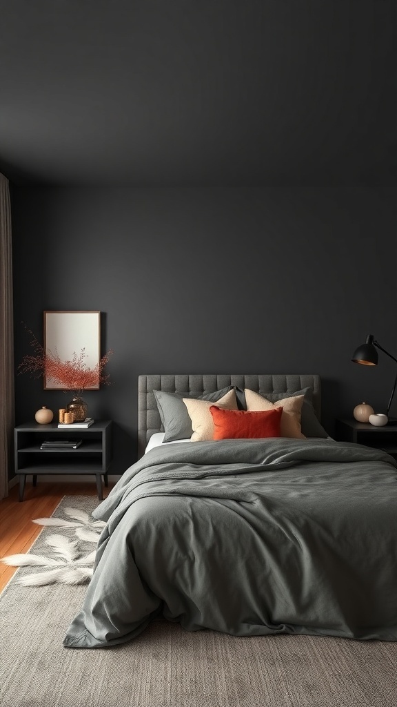 A stylish bedroom with dark grey walls, layered bedding, and warm lighting.